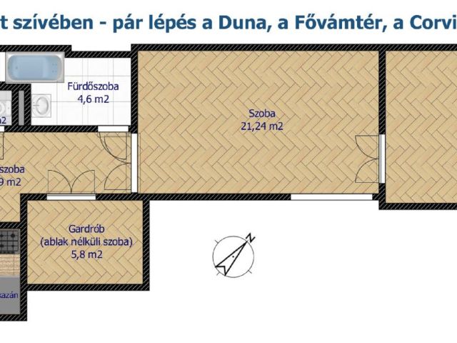 72 m2-es lakás, pár lépés a Duna, a Fővám tér, a Corvinus